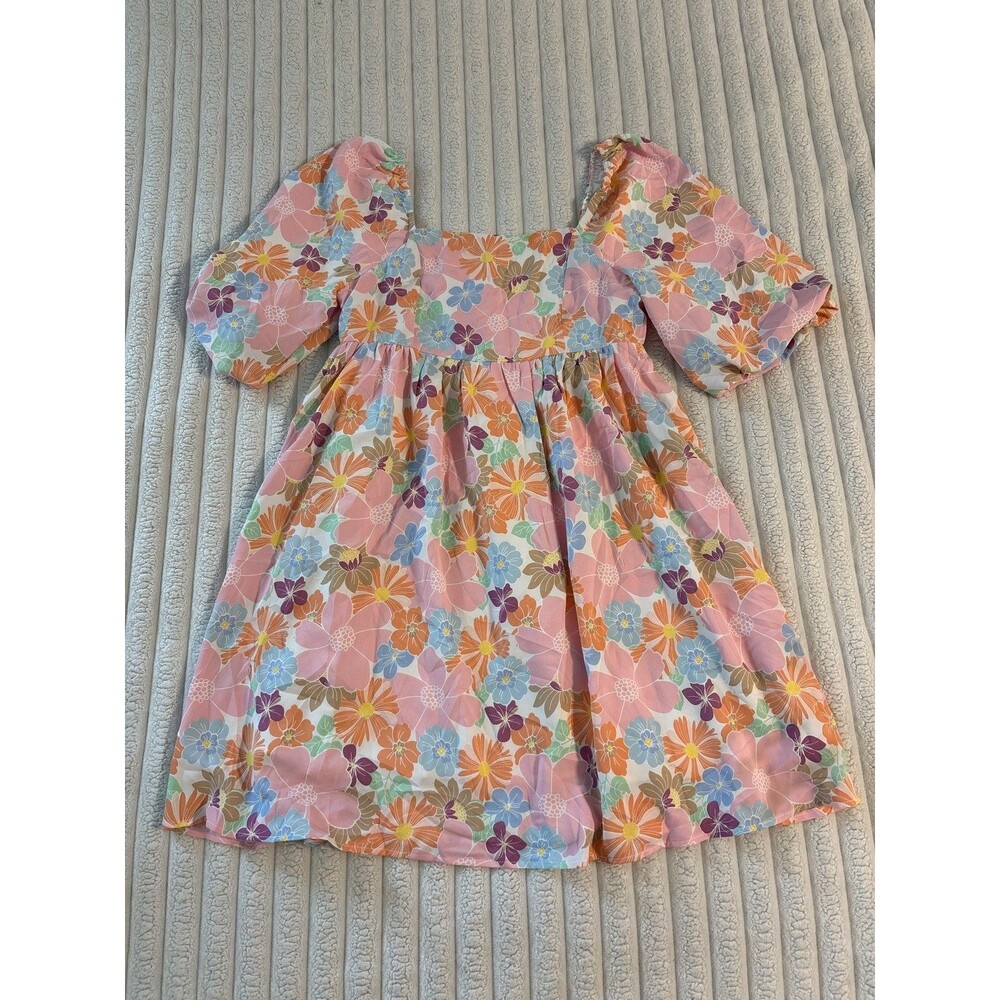 Floral Puff sleeve babydoll mini dress women’s small pastel 60s inspired